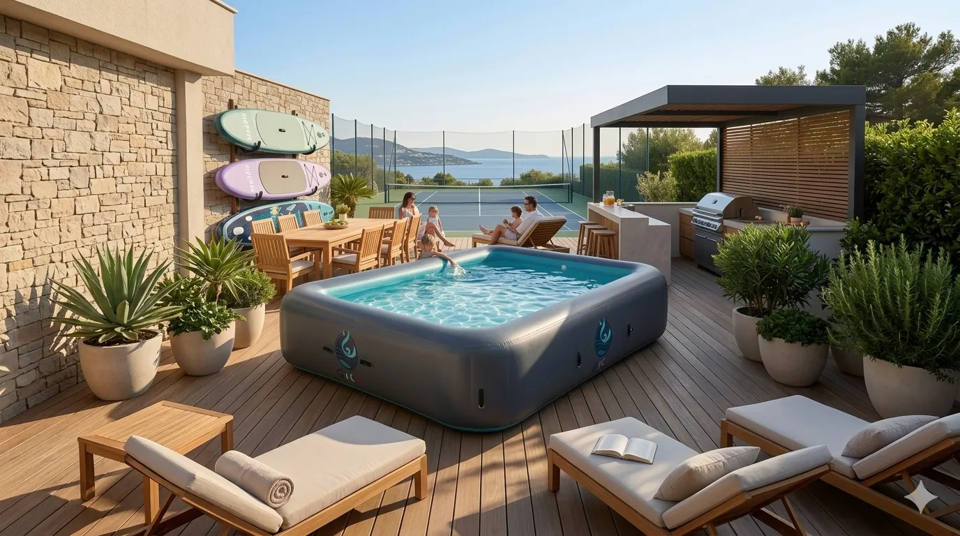 Piscine hors sol rectangulaire sur une terrasse avec vue dégagée