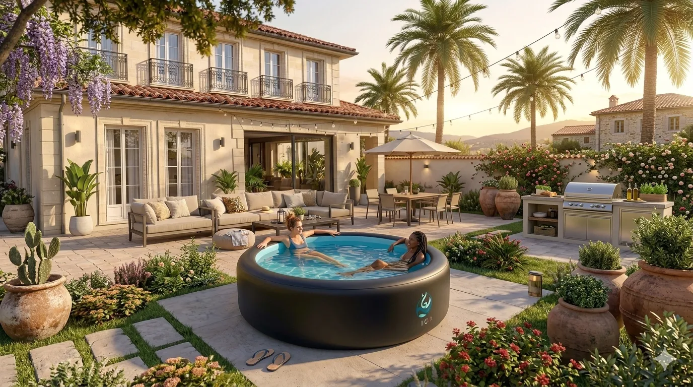 Piscine hors sol ronde autoportante installée dans un jardin méditerranéen
